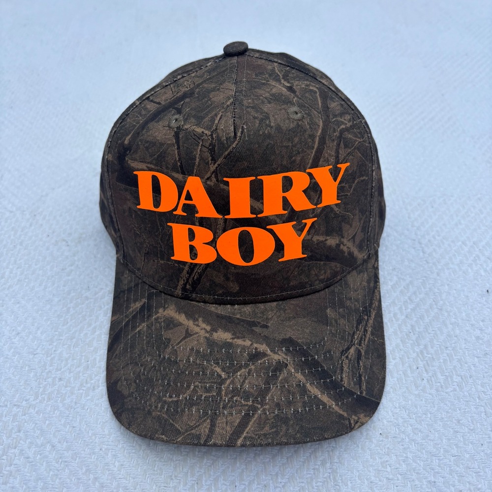 Unisex DAIRY BOY Paige Lorenze River Camo Logo‎ Trucker Hat in Orange NEW